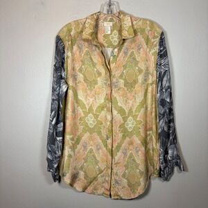 HM Premium 100% Silk Mixed Print Blouse Women 8 Floral Tropical Damask Button Up
